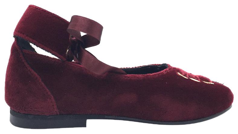 Luccini Girl's Burgundy Velvet Leather Lined Ankle Wrap with Ribbon Tie Dress Flats