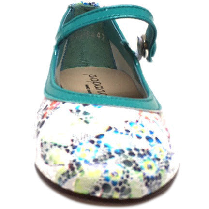Papanatas by Eli Girl's Grey Teal Metallic Floral Print Mary Janes Button Flats - Just Shoes for Kids
 - 3
