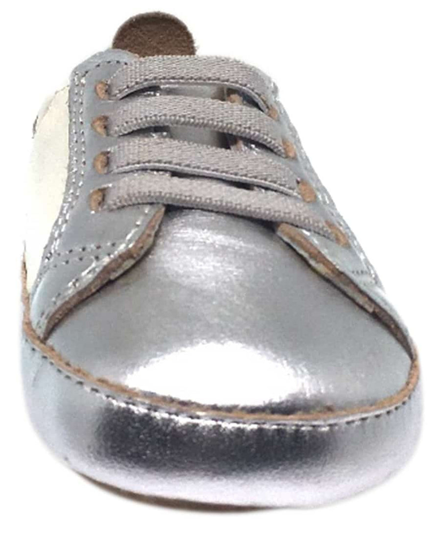 Old Soles Boy's and Girl's Silver White Leather Gig Shoe Stripe Elastic Lace Slip On Crib Walker Baby Shoe