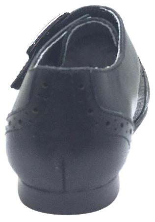 Venettini Boy's Marty Black Leather Basket Weave with Penguin Toe Single Hook and Loop Strap Oxford Loafer