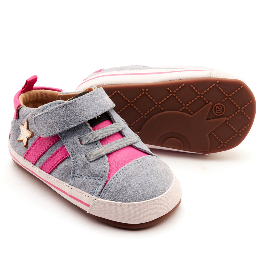 Pair of children's shoes with grayish blue and pink design on a white background