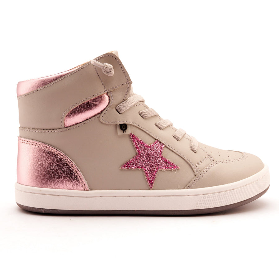 Beige high-top sneaker with pink star design on a white background