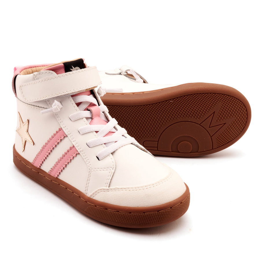 White high-top sneakers with pink accents and brown soles on a white background