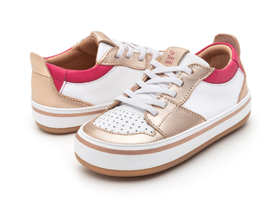Tip Toey Joey Girl's Ollie Sneakers - White / Metallic Salmon / Pitaya Pink