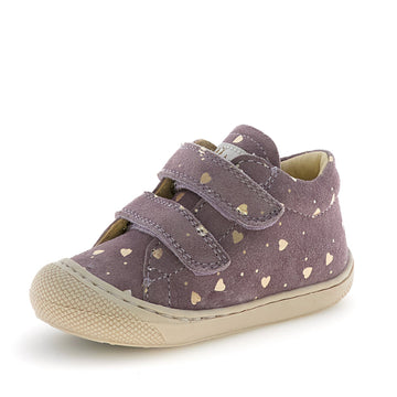 Single children's shoe purple with hearts on a white background