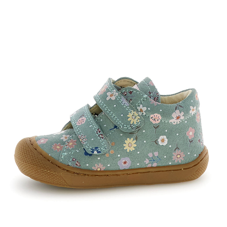 Floral-patterned children's shoe on a white background