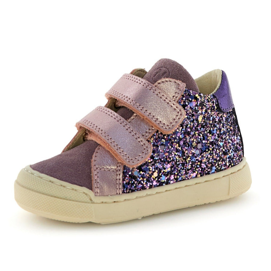 Purple children's shoe with glittery pattern on a white background