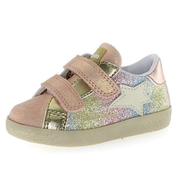 Children's shoe with multicolor pattern on a white background