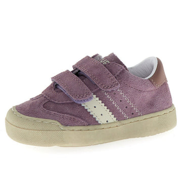 Purple children's sneaker with hook and loop straps on a white background