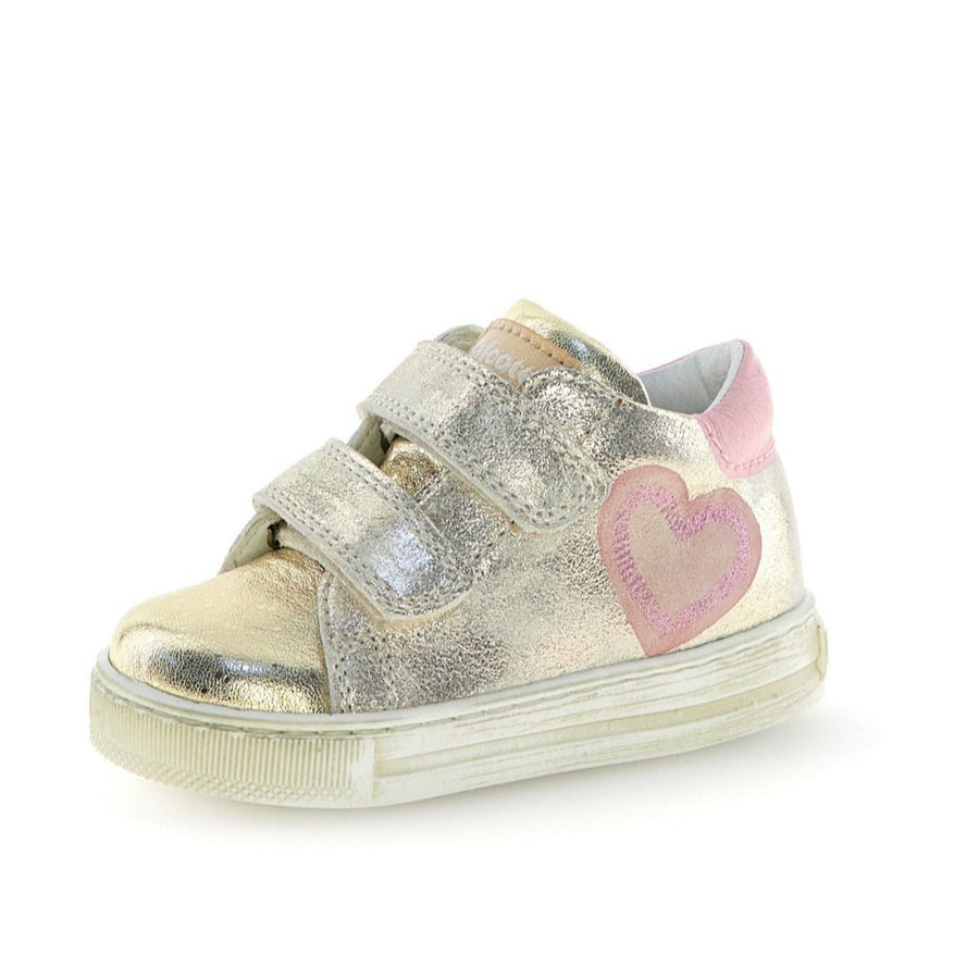Children's shoe with glittery design and heart detail on a white background