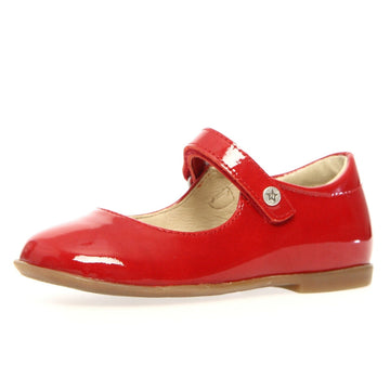 Red patent leather shoe with a strap on a white background
