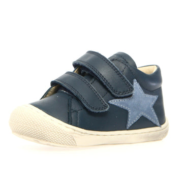 Navy blue children's shoe with a star design on a white background