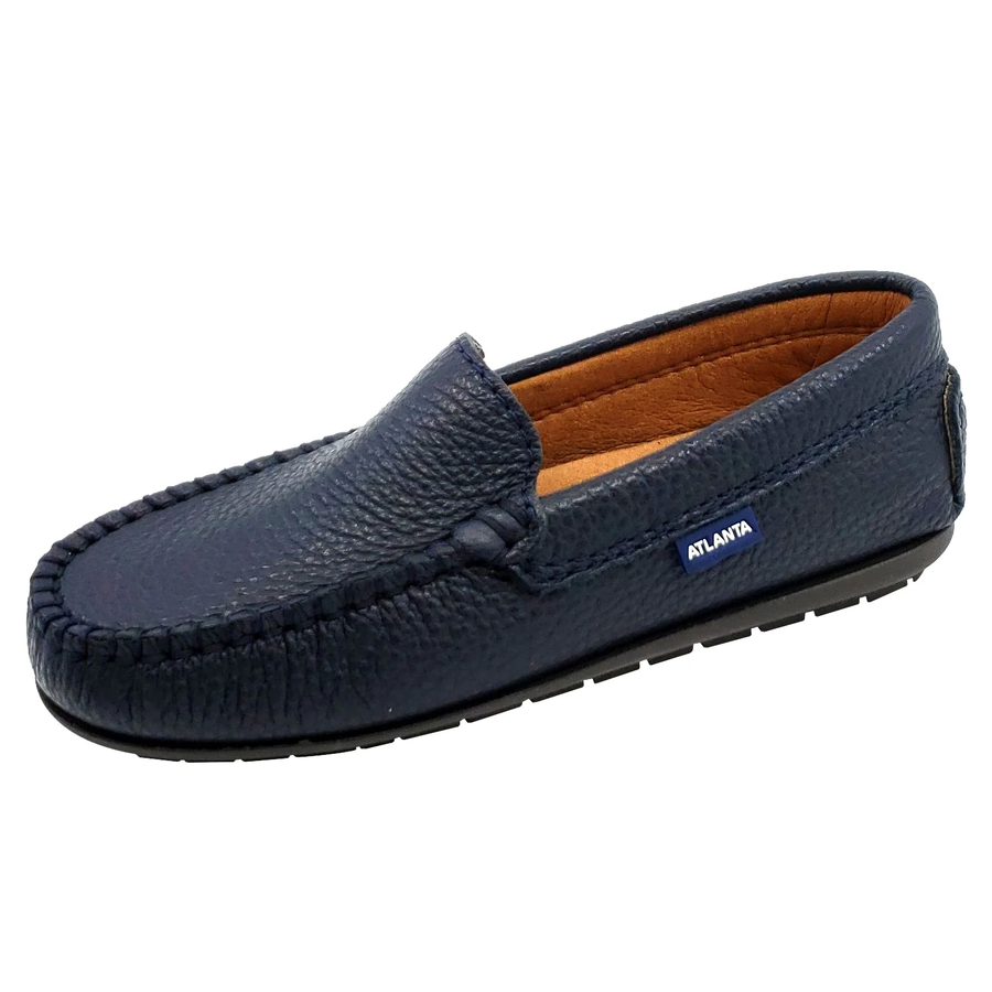 Atlanta Mocassin Boy's and Girl's Pebbled Leather Loafers, Navy Blue