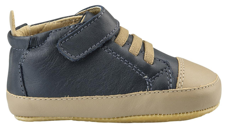Old Soles Boy's High Ball Premium Leather First Walker Sneaker Shoes, Navy/Taupe