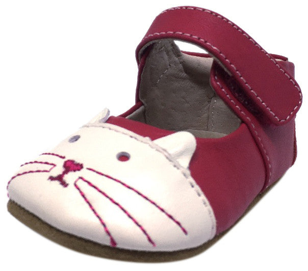 Livie & Luca Girl's Kitten Smooth Hot Pink Leather Kitten Character T-Strap Shoe with Hook and Loop Closure