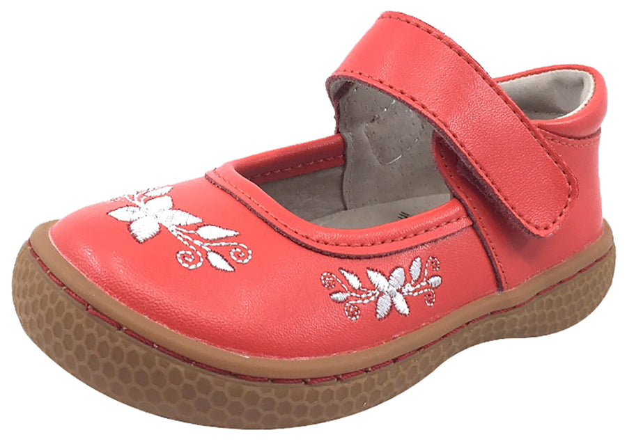 Livie & Luca Girl's Frida Bright Pink Leather with Floral Embroidery Mary Jane Flat Shoes