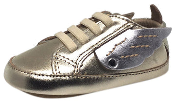 Old Soles Boy's and Girl's Gold & Silver Winged Leather Bambini Wings Elastic Lace Slip On Crib Walker Baby Shoe