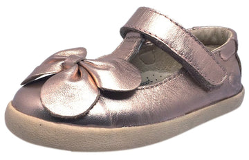 Old Soles Girl's T-Bow Copper Leather Hook and Loop T-Strap Floral Bow Mary Jane Flat Shoe