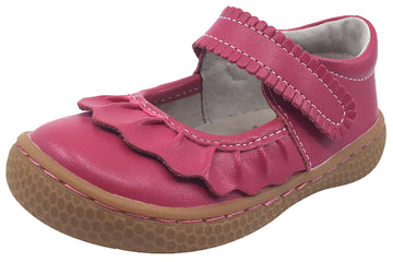 Livie & Luca Girl's Ruche Ruffled Hot Pink Smooth Leather Mary Jane with Hook and Loop Strap Flat Shoe