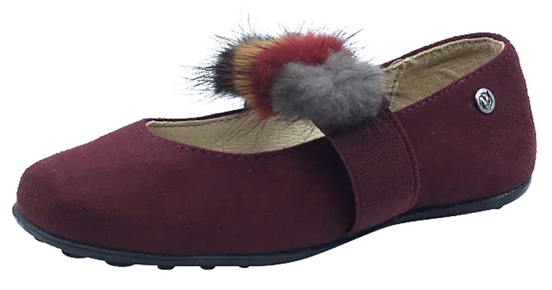 Faux Fur Pom Pom Slip On Elastic Band Mary Jane Flat Suede