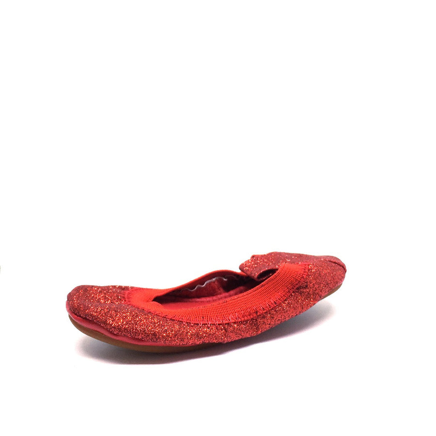 Yosi Samra Girl's Sammie Red Sparkle Leather Elastic Foldable Ballet Flats