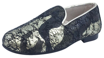 Hoo Shoes Smoking Loafer, Black/Gold Marble Leather