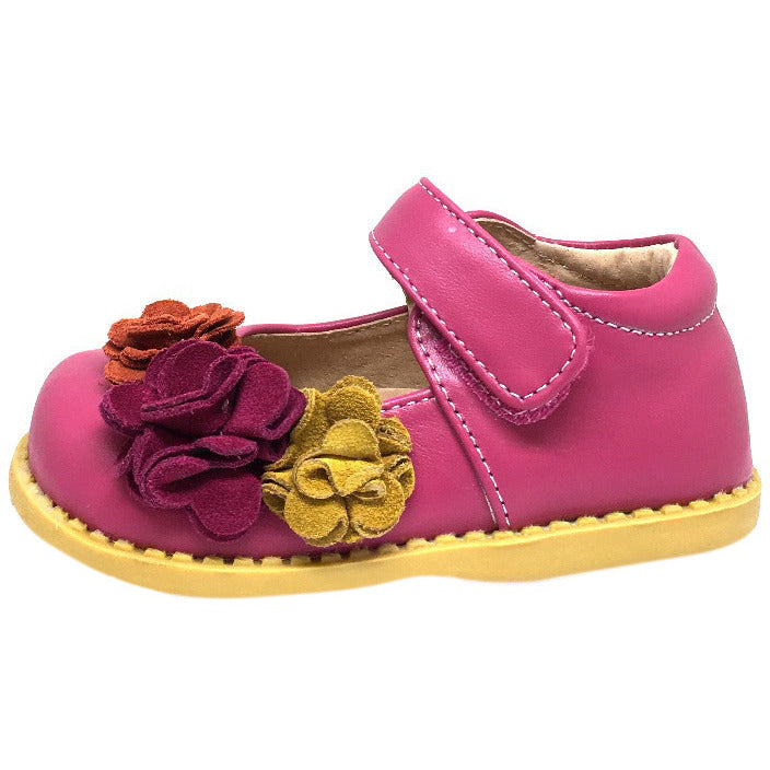 Livie & Luca Girl's Magenta Dahlia Leather Suede Flower Hook and Loop Mary Jane Shoes