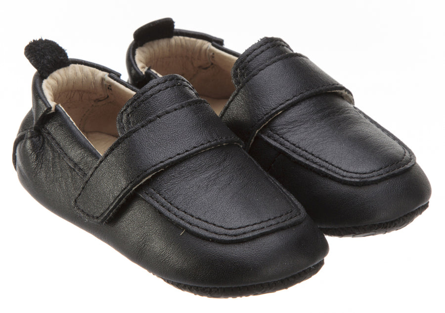 Old Soles Boy's and Girl's 043 Global Shoe Black Leather Hook and Loop Strap Slip On Loafer Shoe