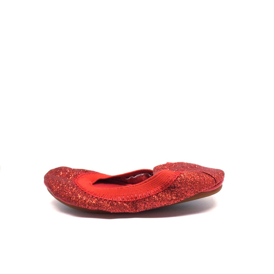 Yosi Samra Girl's Sammie Red Sparkle Leather Elastic Foldable Ballet Flats