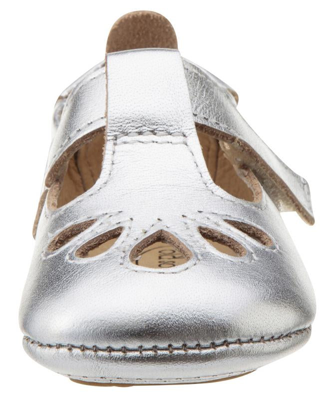 Old Soles Girl's 053 T-Petal Cut-Out Detail Silver Leather Mary Jane Flats