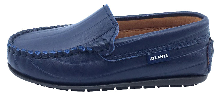 Atlanta Mocassin Boy's and Girl's Leather Embossed Stripe Loafers, Navy