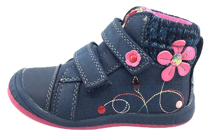Beeko Girl's Nellie Double Hook and Loop Closure Flower Sneaker Shoes, Navy Blue