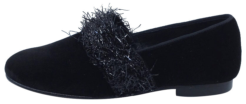 Luccini Ellie Girl's Black Velvet Leather Slip On Dress Shoe