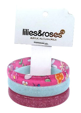 Lilies & Roses NY Pink Glitter, Aqua Glitter, Pink Flower Print 3-Pack Bracelet
