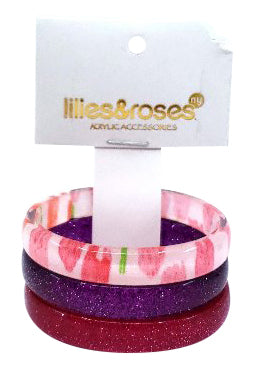 Lilies & Roses NY Fuchsia Glitter, Purple Glitter, Hearts Print 3-Pack Bracelet