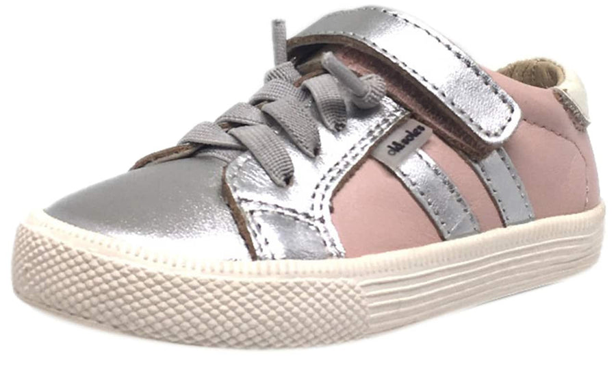 Old Soles Girl's Pink & Silver Leather Casting Shoe Lace Up Hook and Loop Stripe Slip On Sneaker
