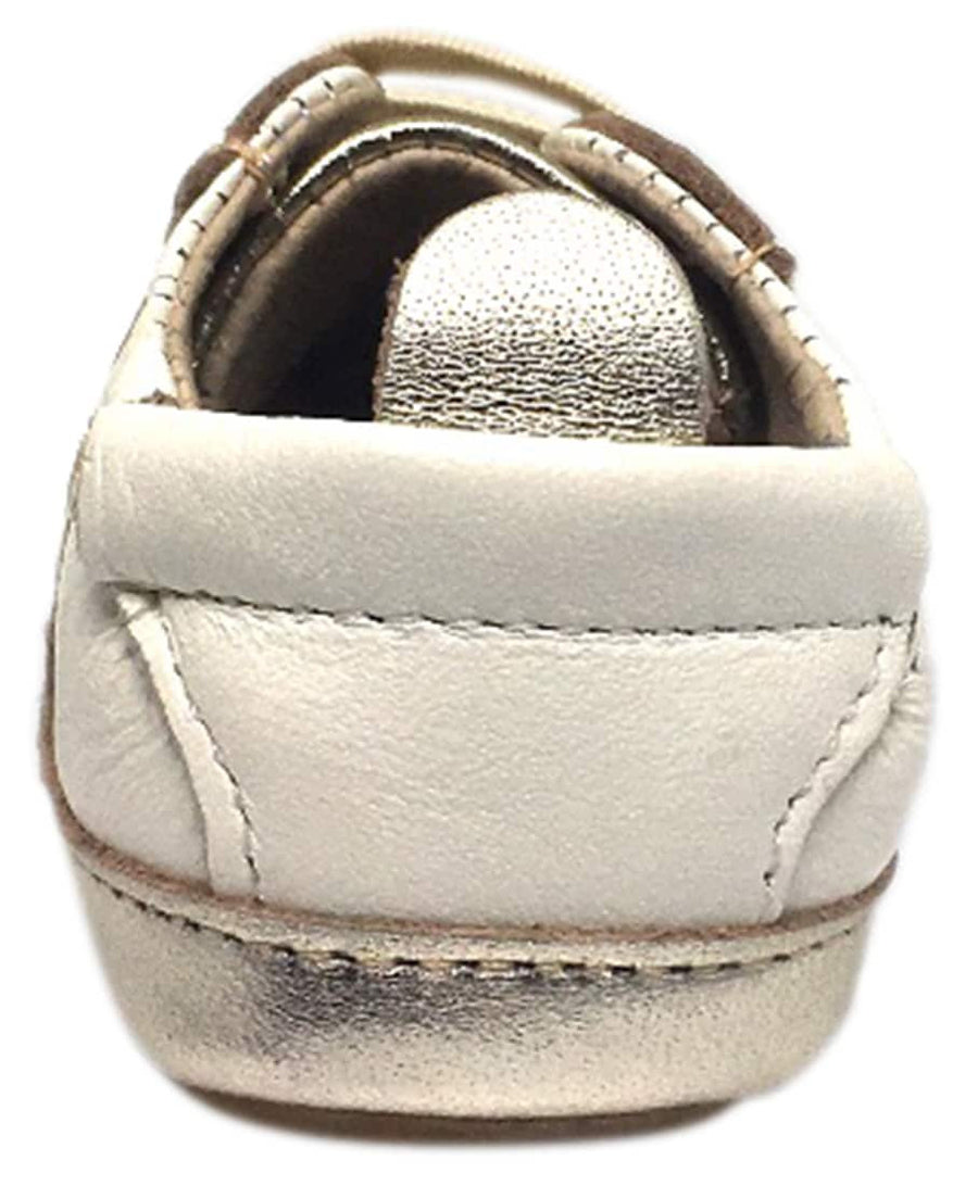 Old Soles Boy's and Girl's Gold White Leather Gig Shoe Stripe Elastic Lace Slip On Crib Walker Baby Shoe