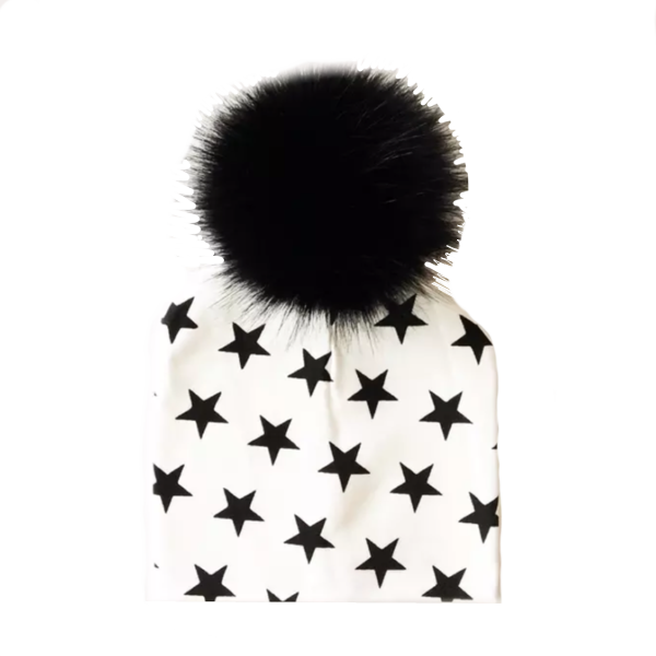 Tiny Trendsetter Stars Pom Pom Beanie Hat - White with Black Stars