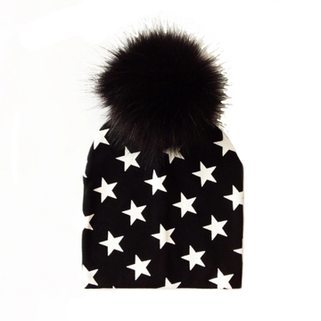Tiny Trendsetter Stars Pom Pom Beanie Hat - Black with White Stars