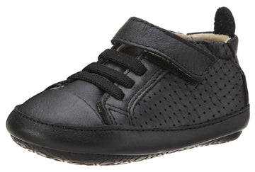 Old Soles Girl's and Boy's One-World Black Soft Perforated Leather Hook and Loop First Walker Baby Shoes
