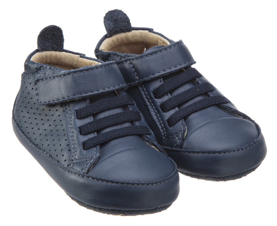 Old Soles Girl's and Boy's One-World Denim Soft Perforated Leather Hook and Loop First Walker Baby Shoes
