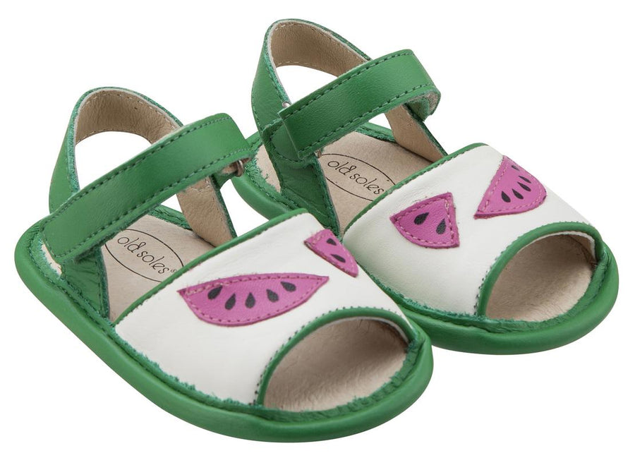 Old Soles Girl's 192 Trop Bambini Watermelon Smooth Green and White Leather Peep-Toe Hook and Loop Sandals