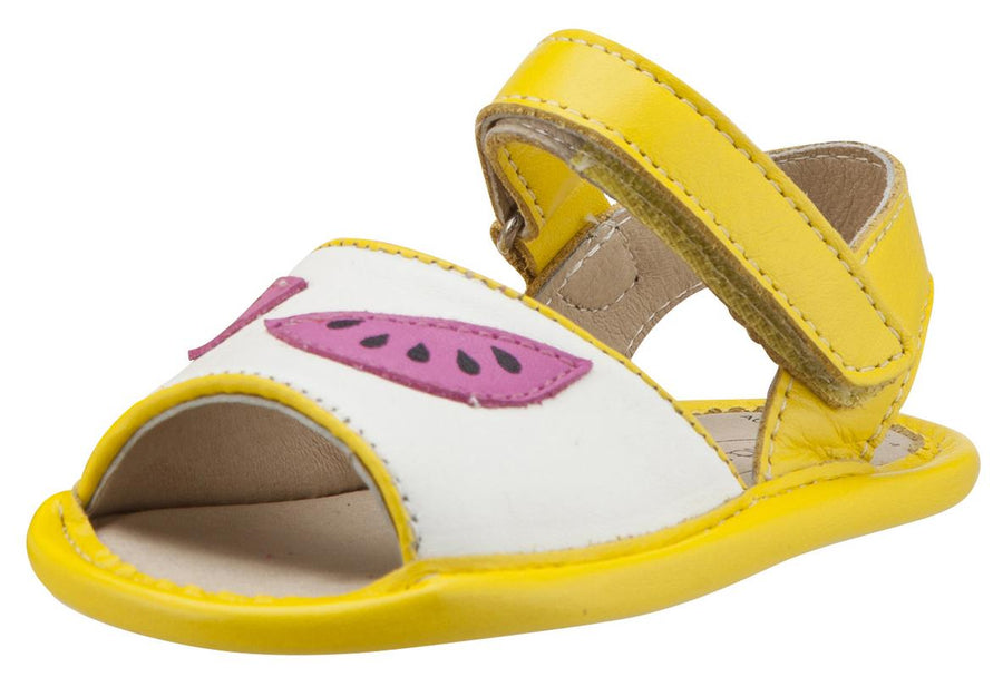 Old Soles Girl's 192 Trop Bambini Watermelon Smooth Yellow and White Leather Peep-Toe Hook and Loop Sandals