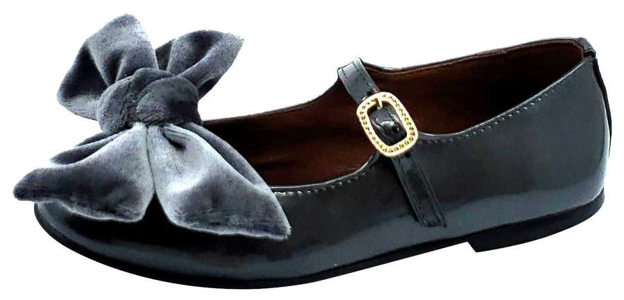 Clarys Girl's Patent Leather Mary Jane with Velvet Bow, Grey Patent