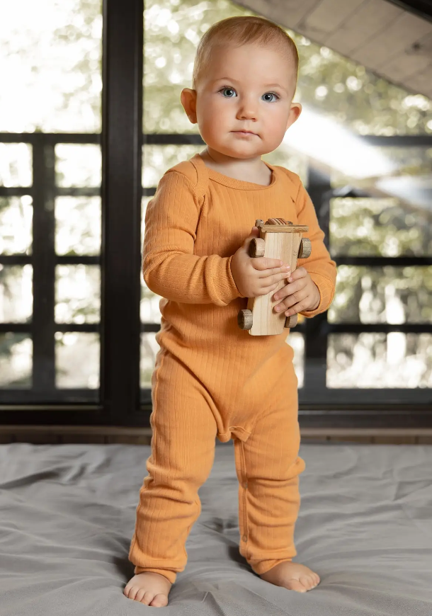 Organic by Feldman Play of Colors Long Sleeve Overall Play Suit  - Ochre