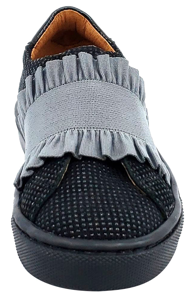 Atlanta Mocassin Girl's Leather Ruffle Elastic Band Slip-on Sneakers, Black/Grey