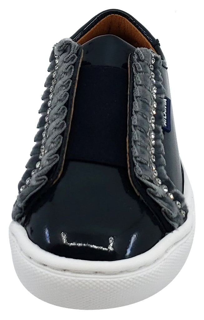 Atlanta Mocassin Girl's Patent Velvet Ruffle Rhinestone Elastic Band Slip-on Sneakers, Navy Blue Patent
