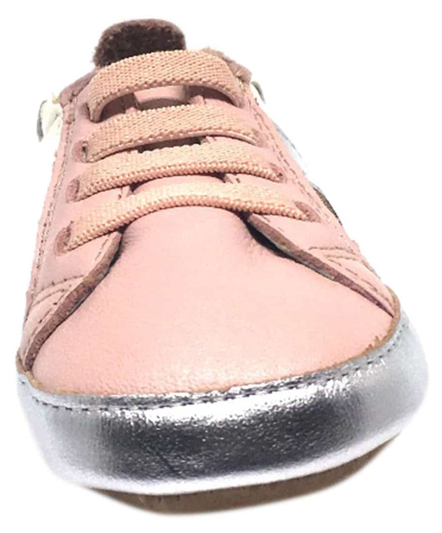 Old Soles Girl's Pink & Silver Leather Gig Shoe Stripe Elastic Lace Slip On Crib Walker Baby Shoe