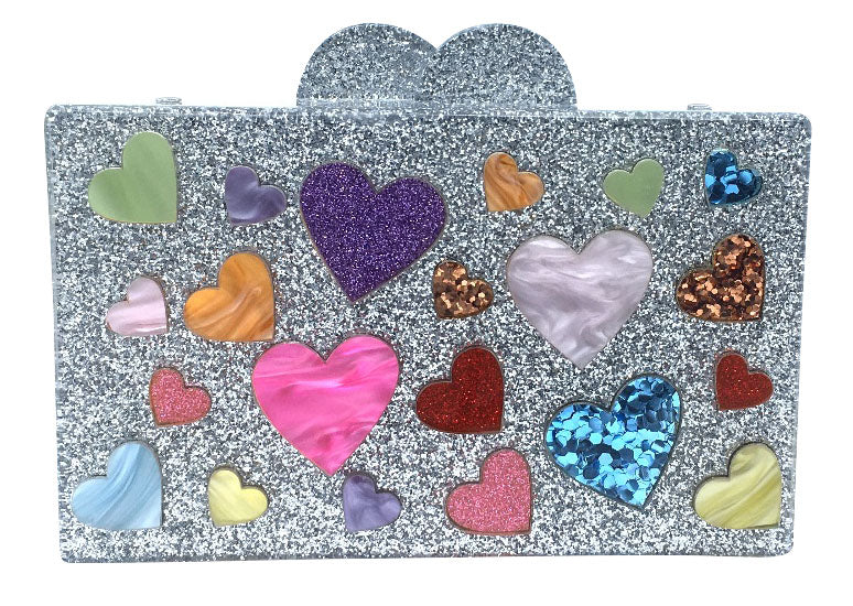 Bari Lynn Girl's Heart Sparkle Glitter Box Purse with Matching Chain Shoulder Strap
