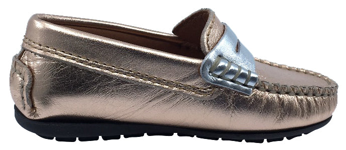 Atlanta Mocassin Girl's Leather Penny Loafers, Rose Gold/Silver